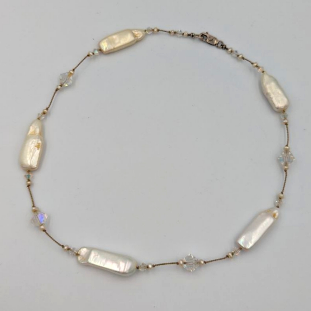 Beautiful Keshi Pearl Aurora Borealis Crystals Sterling Clasp Choker necklace